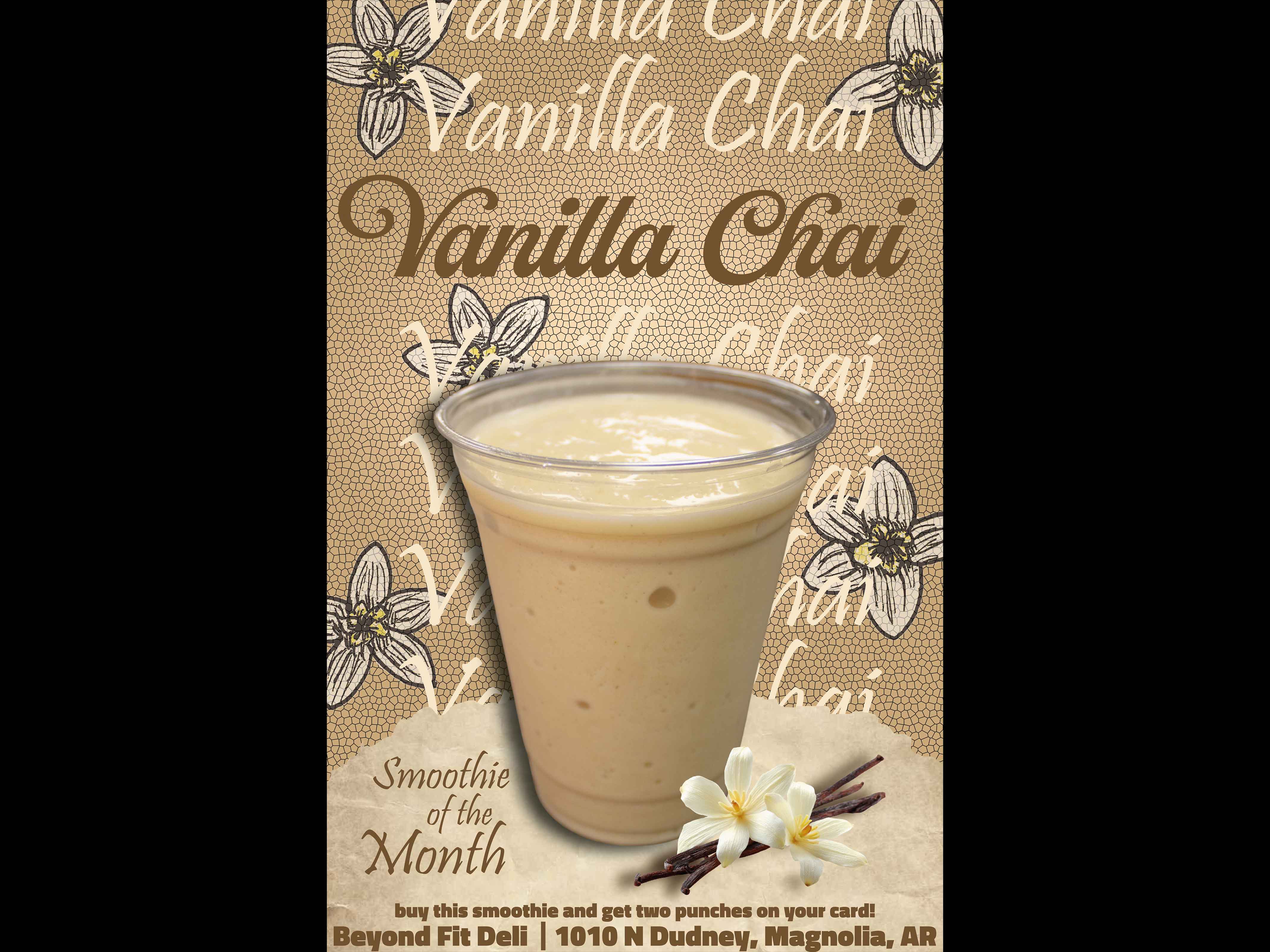 poster promoting beyind fit deli's vanilla chai smoothie